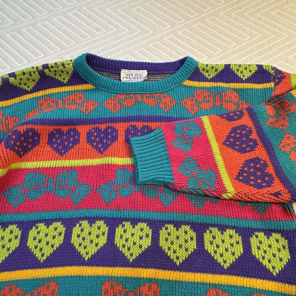 Vintage 1990s Jet Set Girls Sweater Size XL USA Made Fairisle Hearts Bows EUC - Picture 3 of 5